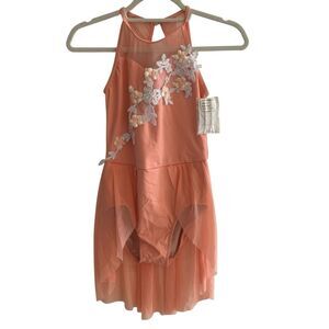 New Weissman Peach Floral Appliqué Dance Costume Dress Large Girl LC Leotard